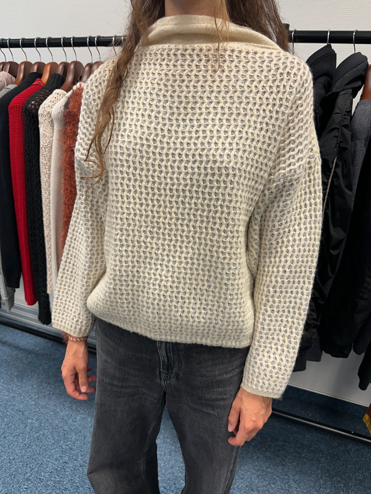 Marithé François Girbaud cream grey turtleneck sweater textured mesh double knit with adjustable ties.