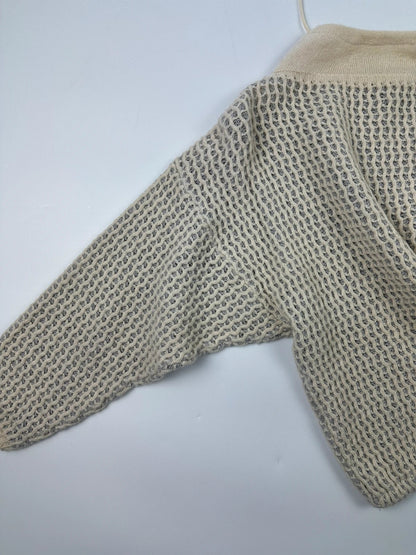 Marithé François Girbaud cream grey turtleneck sweater textured mesh double knit with adjustable ties.