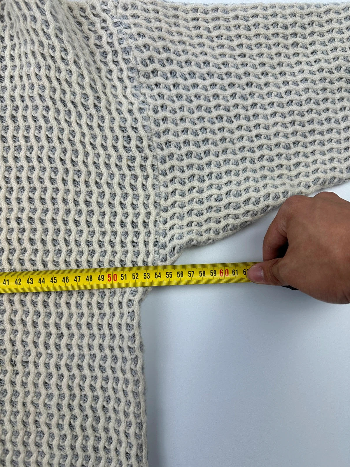 Marithé François Girbaud cream grey turtleneck sweater textured mesh double knit with adjustable ties.