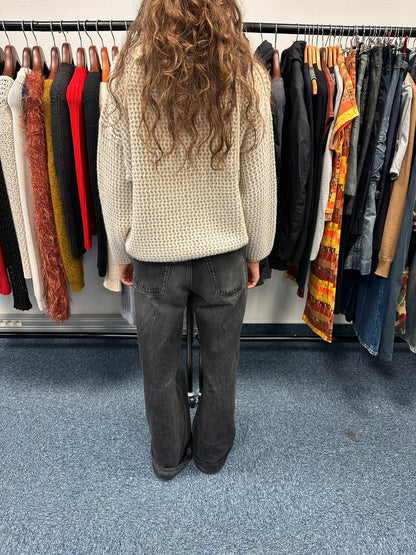 Marithé François Girbaud cream grey turtleneck sweater textured mesh double knit with adjustable ties.