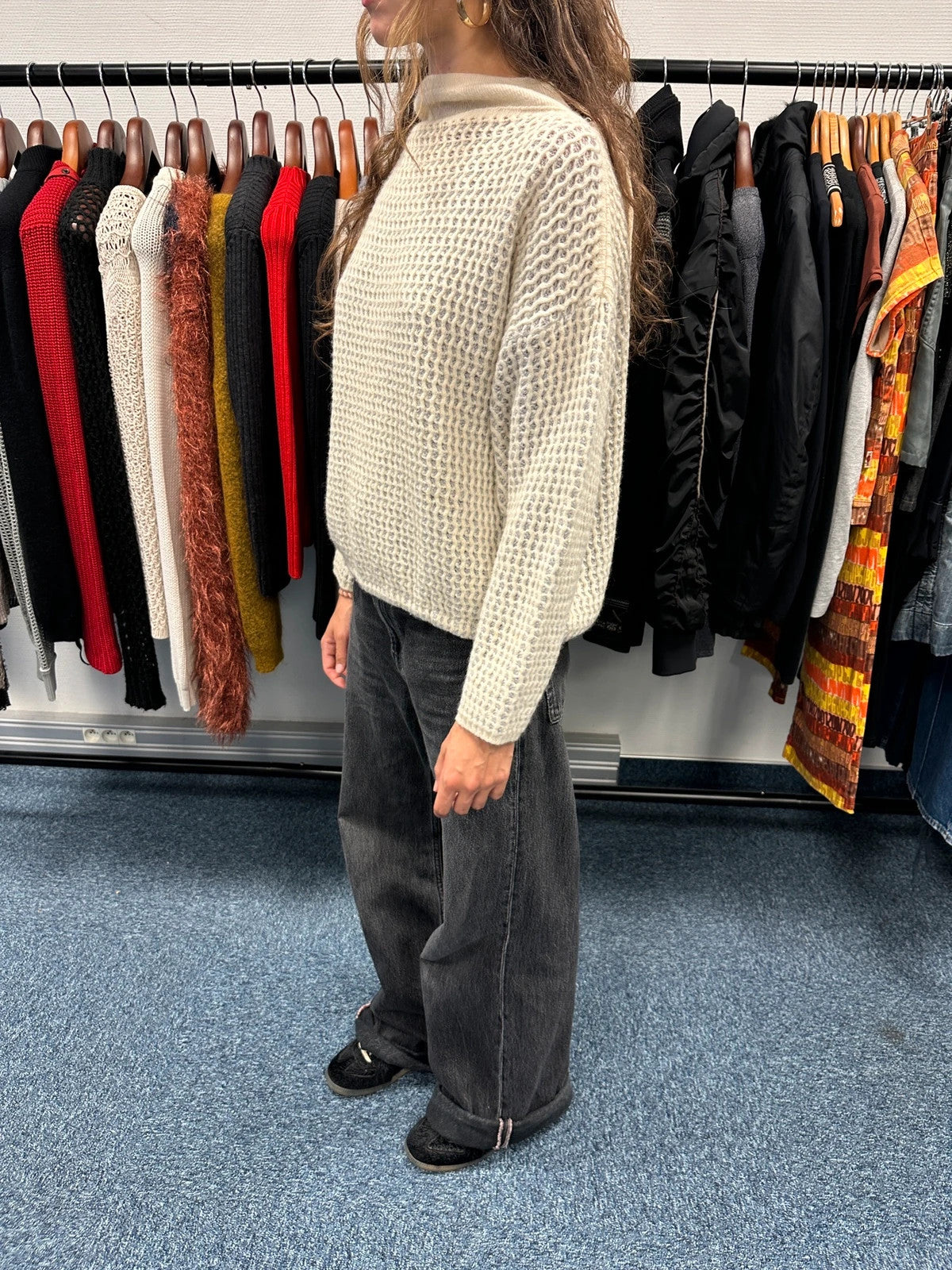 Marithé François Girbaud cream grey turtleneck sweater textured mesh double knit with adjustable ties.