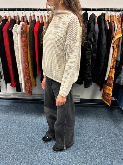 Marithé François Girbaud cream grey turtleneck sweater textured mesh double knit with adjustable ties.
