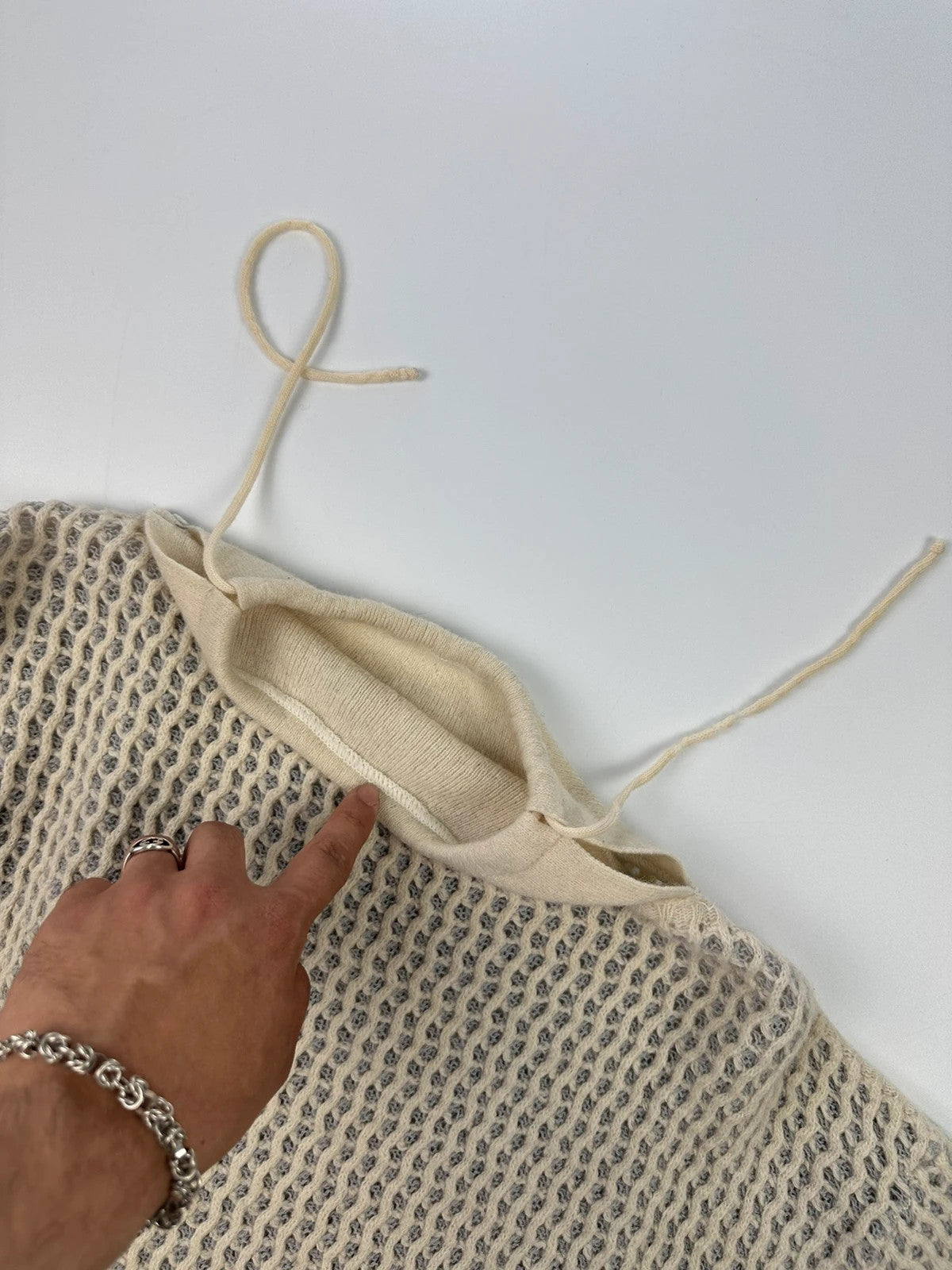 Marithé François Girbaud cream grey turtleneck sweater textured mesh double knit with adjustable ties.