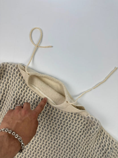 Marithé François Girbaud cream grey turtleneck sweater textured mesh double knit with adjustable ties.