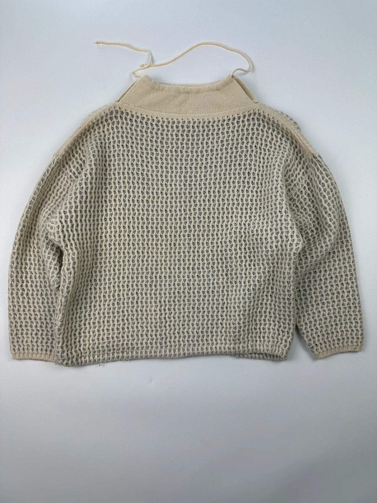 Marithé François Girbaud cream grey turtleneck sweater textured mesh double knit with adjustable ties.