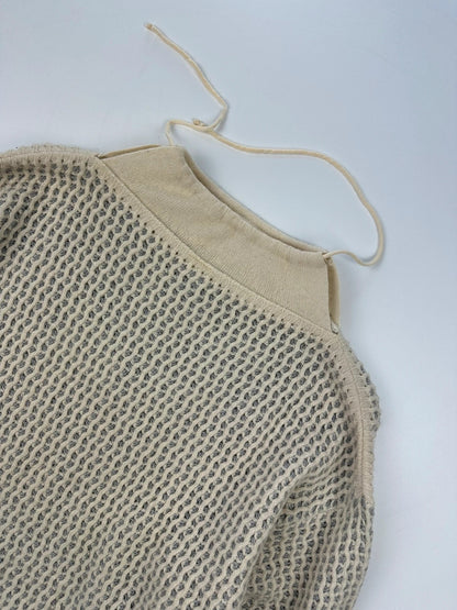 Marithé François Girbaud cream grey turtleneck sweater textured mesh double knit with adjustable ties.