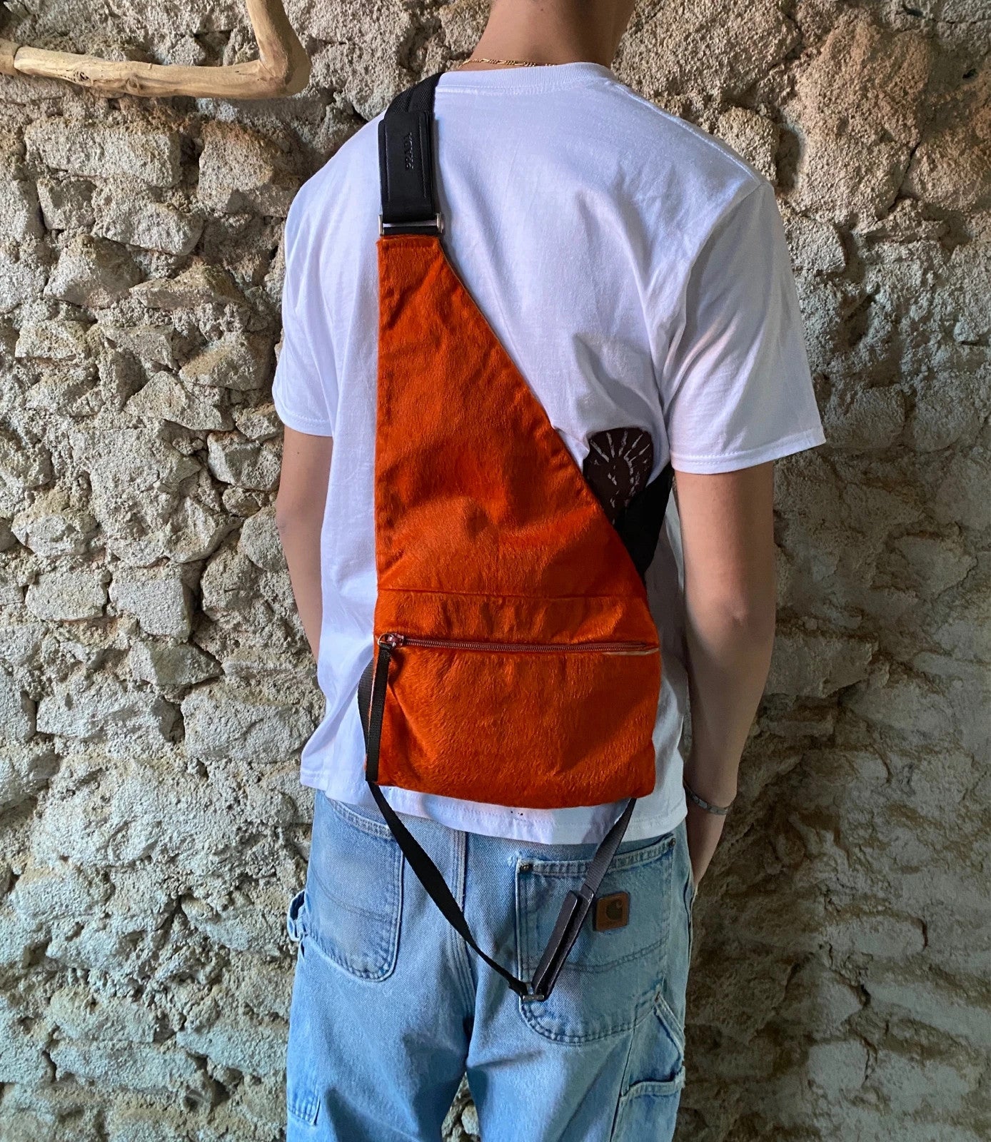 Prada orange fur crossbody sling bag with logo detail from FW99 collection.