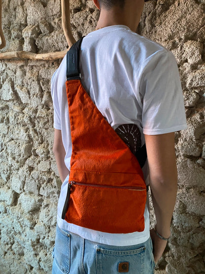 Prada orange fur crossbody sling bag with logo detail from FW99 collection.