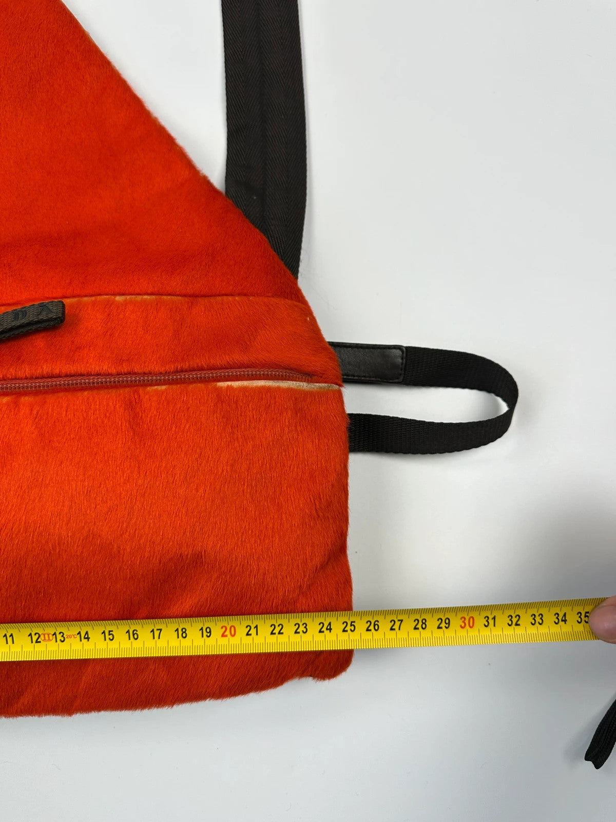 Prada orange fur crossbody sling bag with logo detail from FW99 collection.