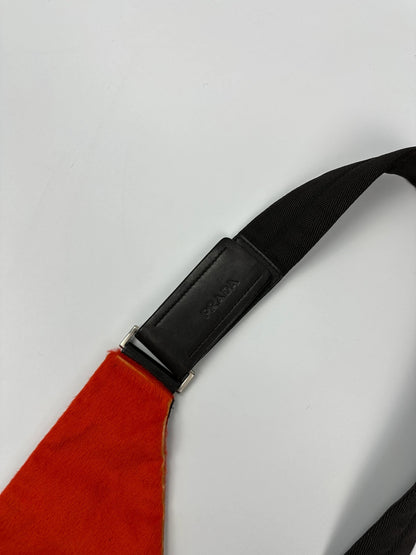 Prada orange fur crossbody sling bag with logo detail from FW99 collection.