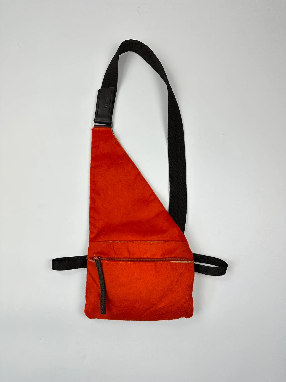 Prada orange fur crossbody sling bag with logo detail from FW99 collection.