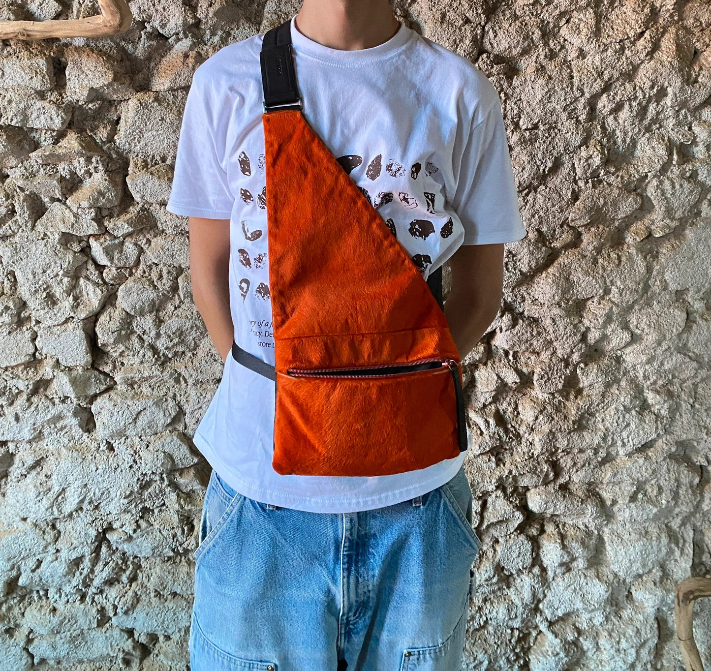 Prada orange fur crossbody sling bag with logo detail from FW99 collection.