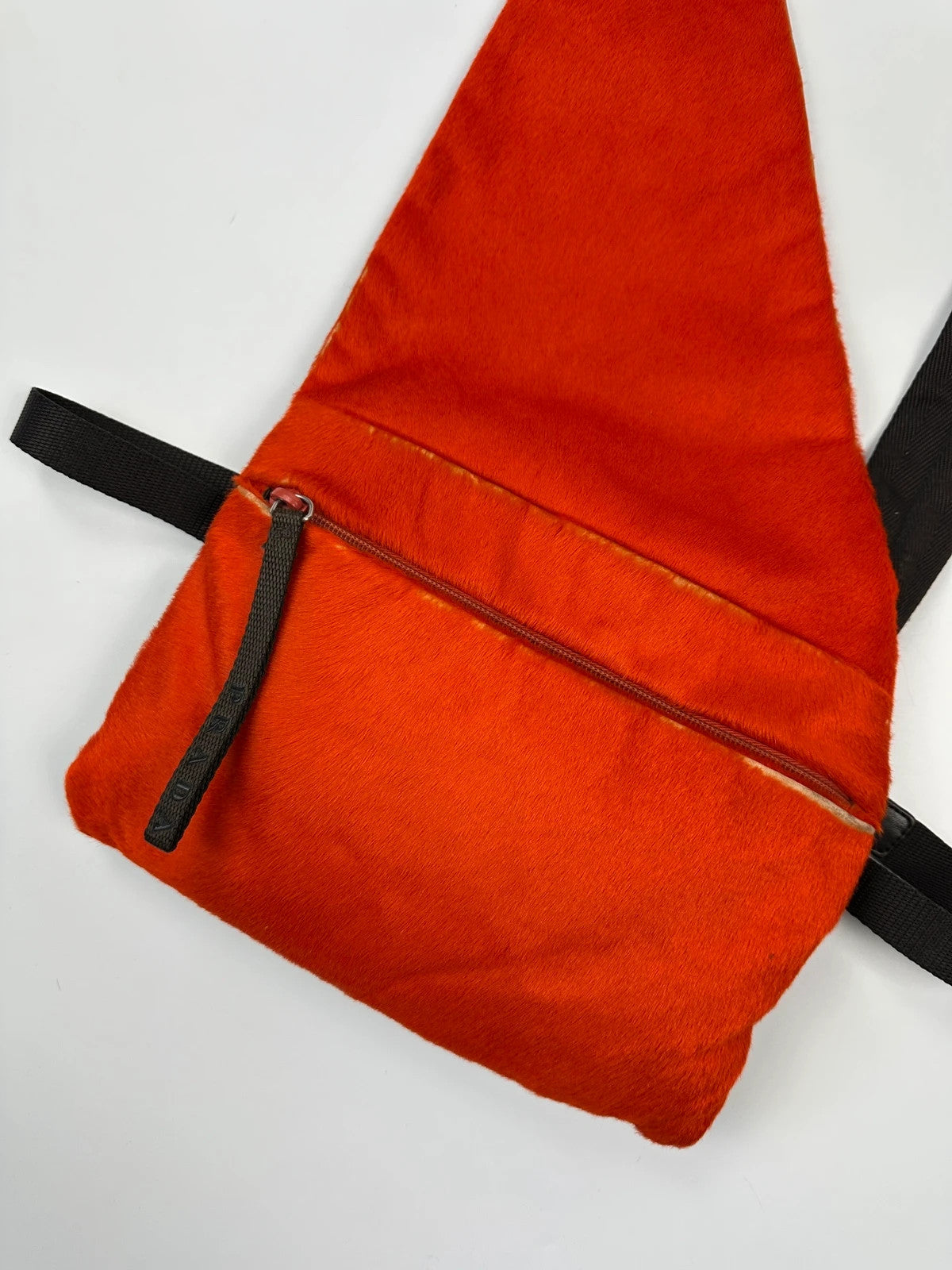 Prada orange fur crossbody sling bag with logo detail from FW99 collection.