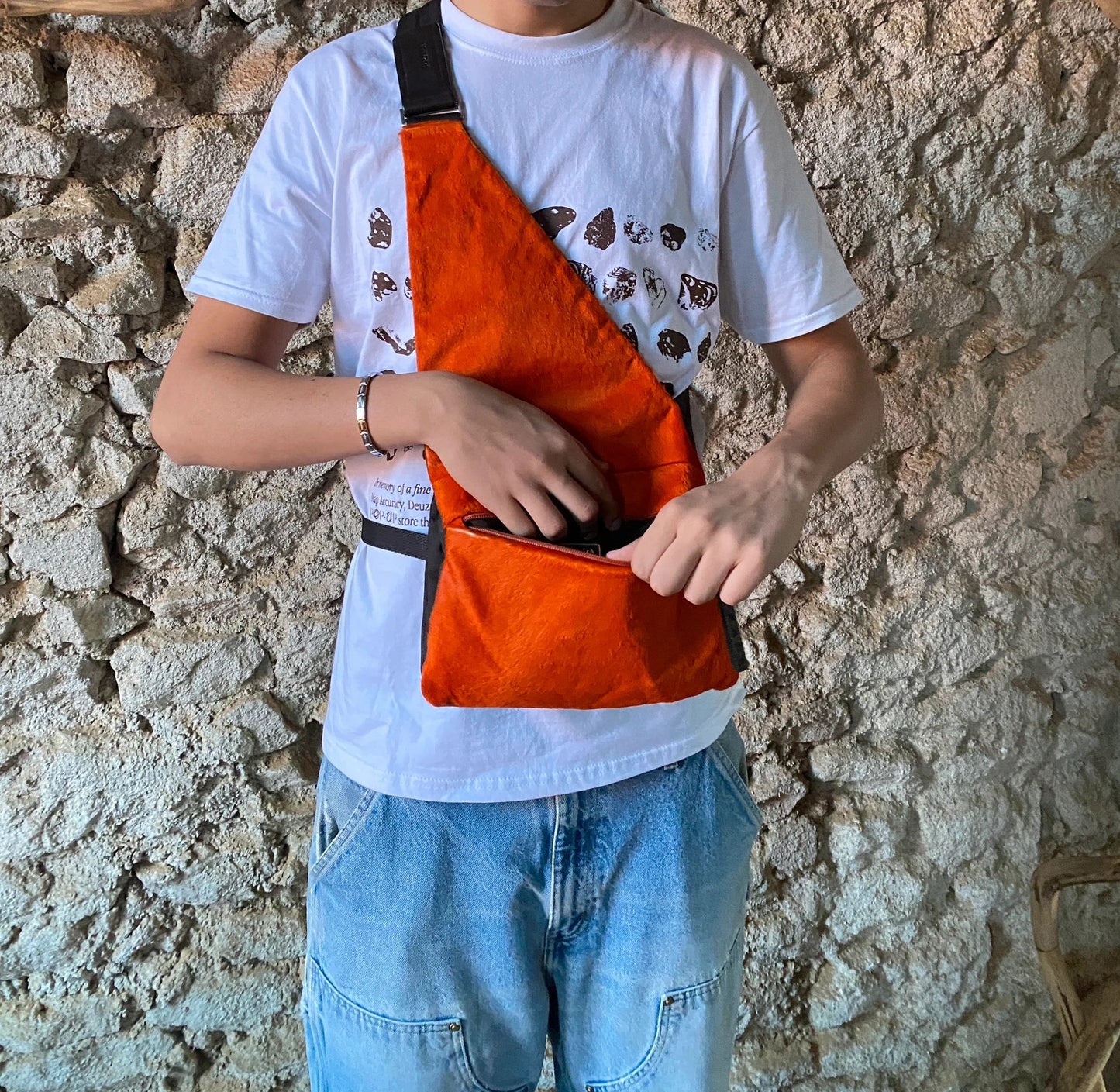 Prada orange fur crossbody sling bag with logo detail from FW99 collection.