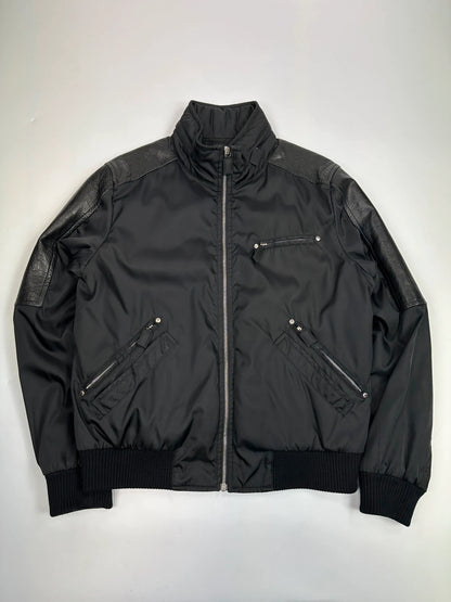Prada black bomber jacket with leather details and hidden hood from FW2009 collection.