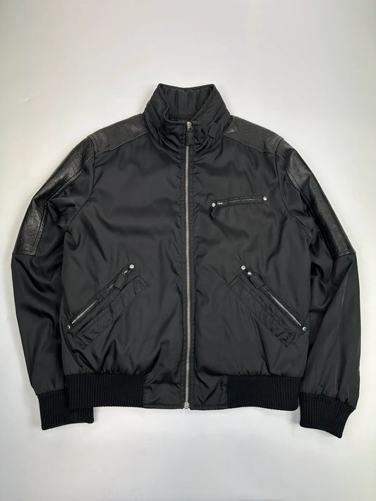 Prada black bomber jacket with leather details and hidden hood from FW2009 collection.