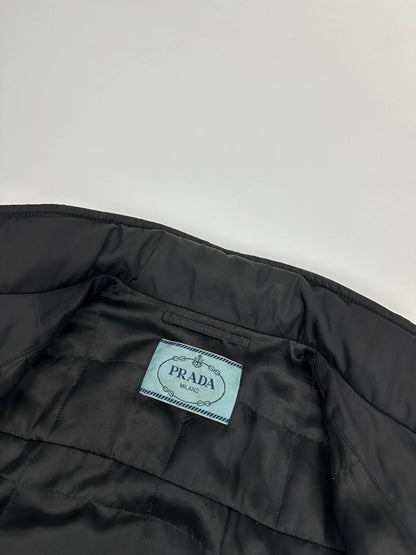 Prada black bomber jacket with leather details and hidden hood from FW2009 collection.