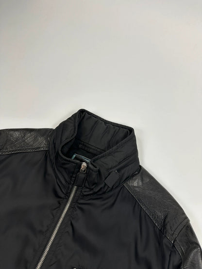 Prada black bomber jacket with leather details and hidden hood from FW2009 collection.