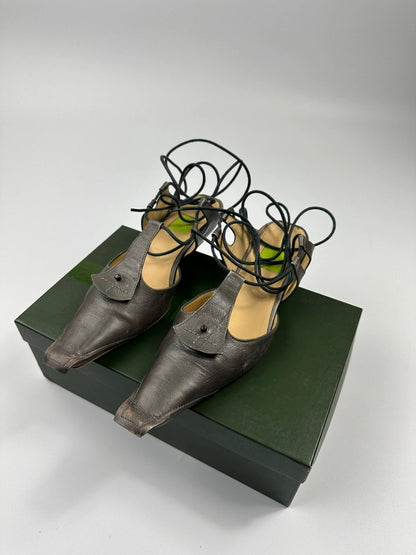 Marithé Francois Girbaud brown grey leather slingback heels with round toe and lace details.