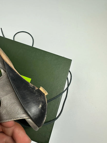 Marithé Francois Girbaud brown grey leather slingback heels with round toe and lace details.