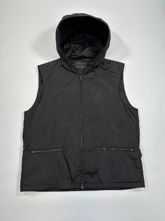 Prada black padded vest, nylon material, minimalist design, vintage 2003 collection.
