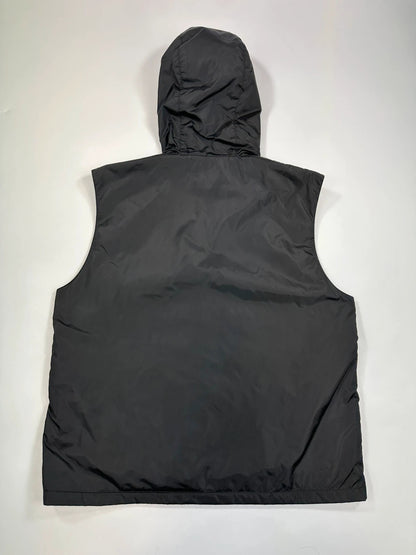 Prada black padded vest, nylon material, minimalist design, vintage 2003 collection.