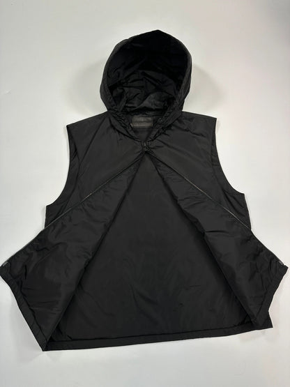 Prada black padded vest, nylon material, minimalist design, vintage 2003 collection.