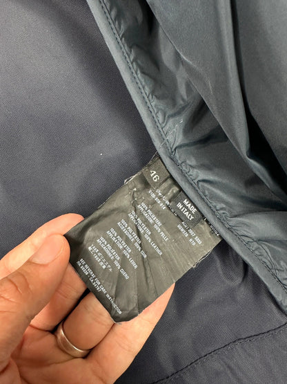 Prada bomber jacket navy blue nylon with reinforced details and minimalist design.