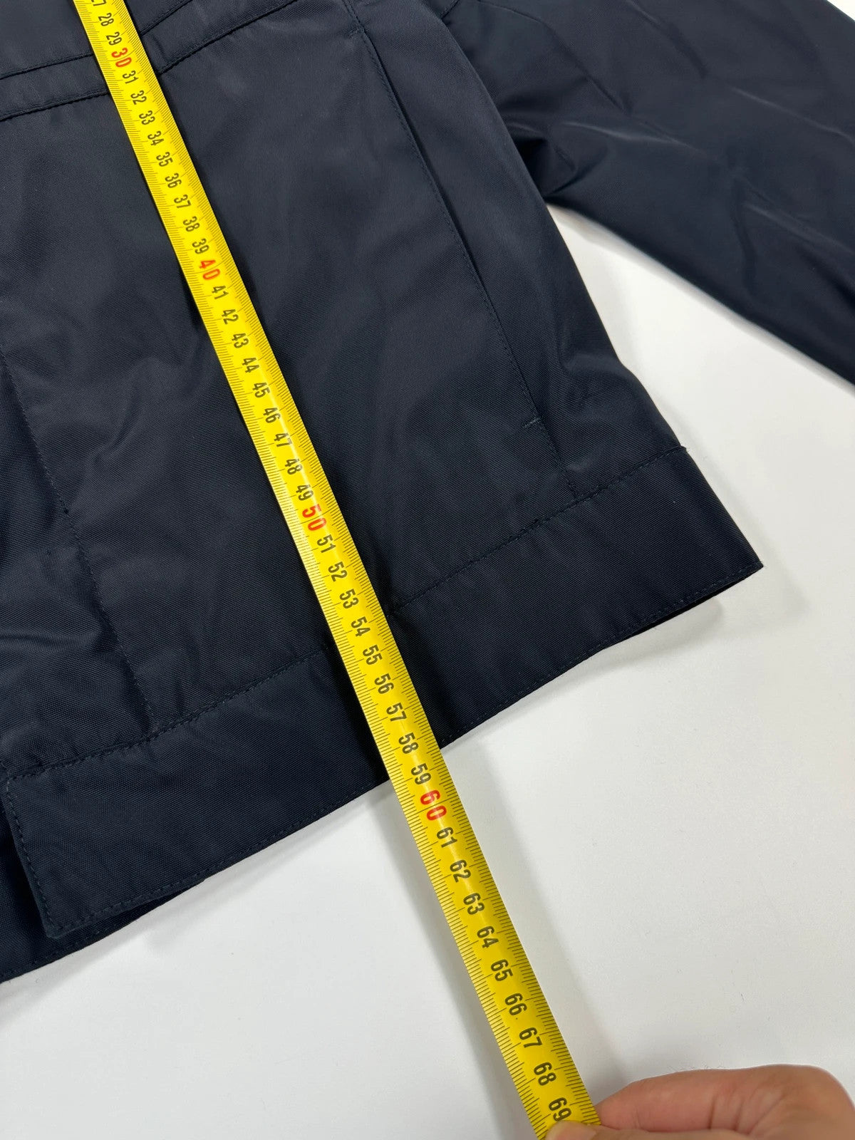 Prada bomber jacket navy blue nylon with reinforced details and minimalist design.