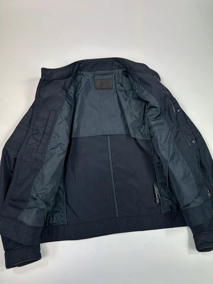 Prada bomber jacket navy blue nylon with reinforced details and minimalist design.