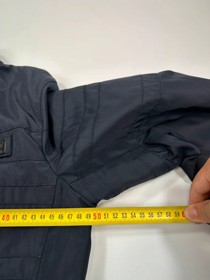 Prada bomber jacket navy blue nylon with reinforced details and minimalist design.
