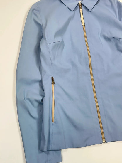 Prada blue striped jacket in nylon and silk with logo detailing.