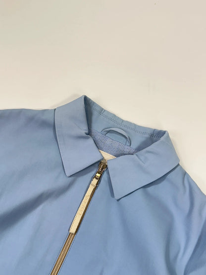 Prada blue striped jacket in nylon and silk with logo detailing.