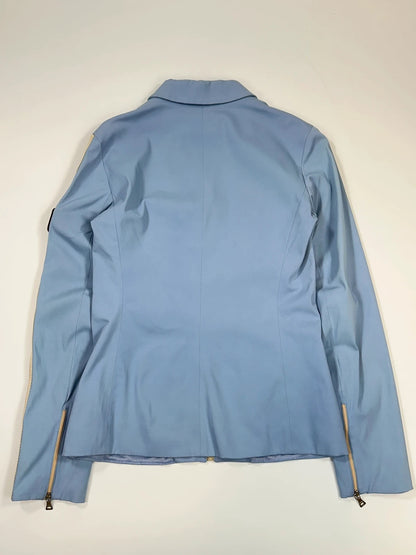 Prada blue striped jacket in nylon and silk with logo detailing.