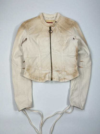 Prada brown and white denim jacket with lace detailing and faded wash effect.