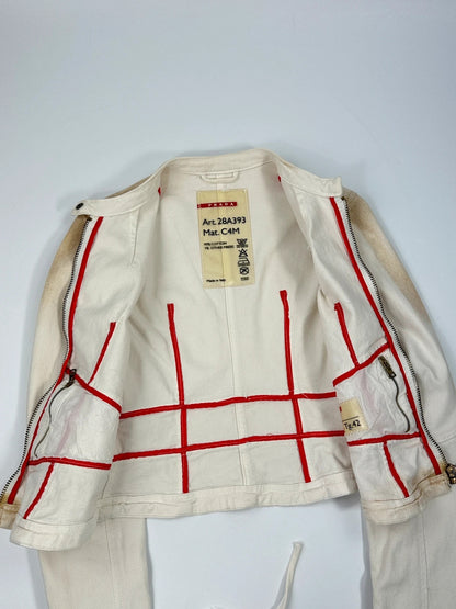 Prada brown and white denim jacket with lace detailing and faded wash effect.