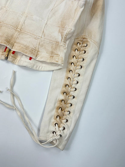 Prada brown and white denim jacket with lace detailing and faded wash effect.