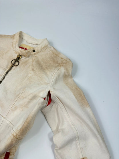 Prada brown and white denim jacket with lace detailing and faded wash effect.