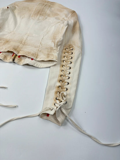 Prada brown and white denim jacket with lace detailing and faded wash effect.