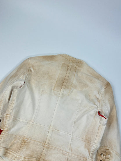 Prada brown and white denim jacket with lace detailing and faded wash effect.