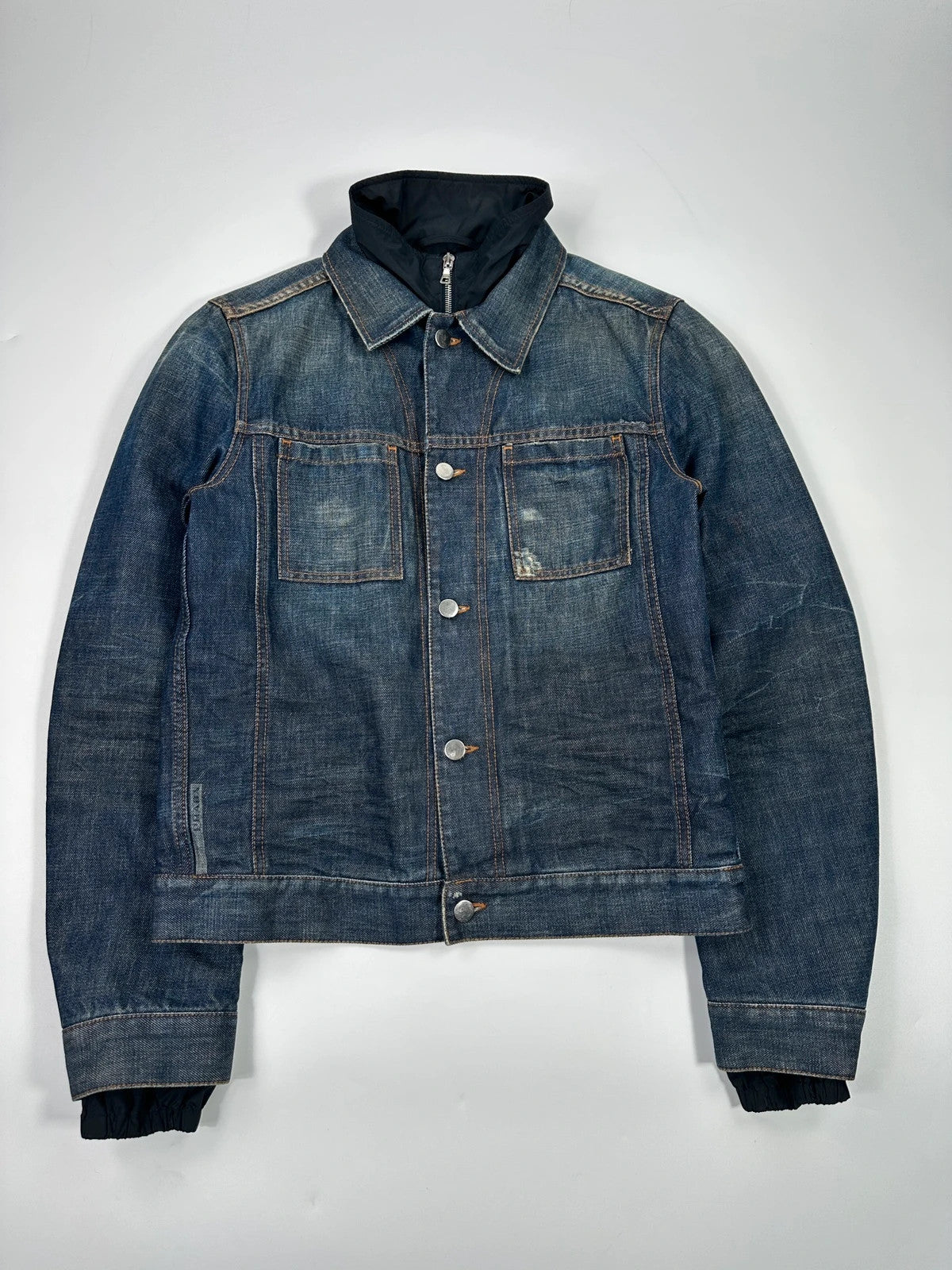 Prada denim jacket indigo blue with double collar and nylon lining, vintage 2005.