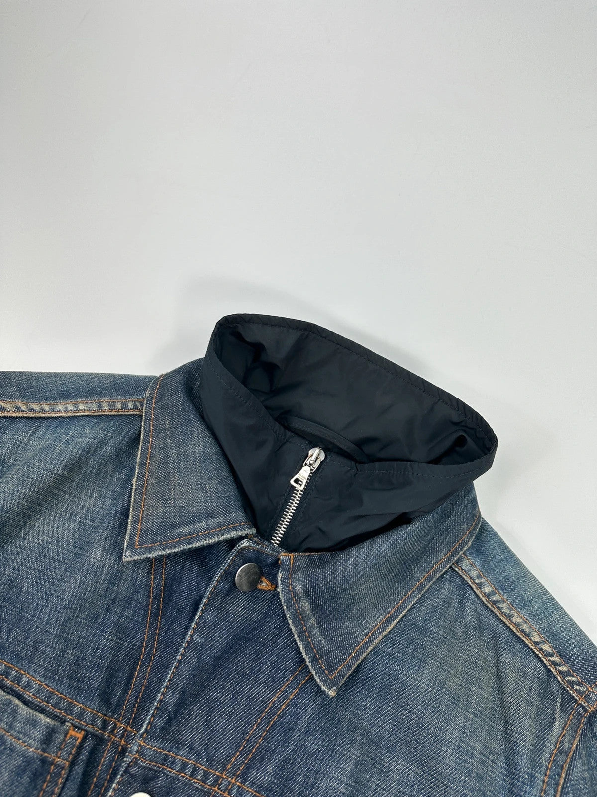 Prada denim jacket indigo blue with double collar and nylon lining, vintage 2005.