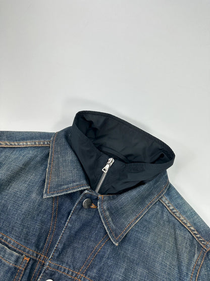 Prada denim jacket indigo blue with double collar and nylon lining, vintage 2005.