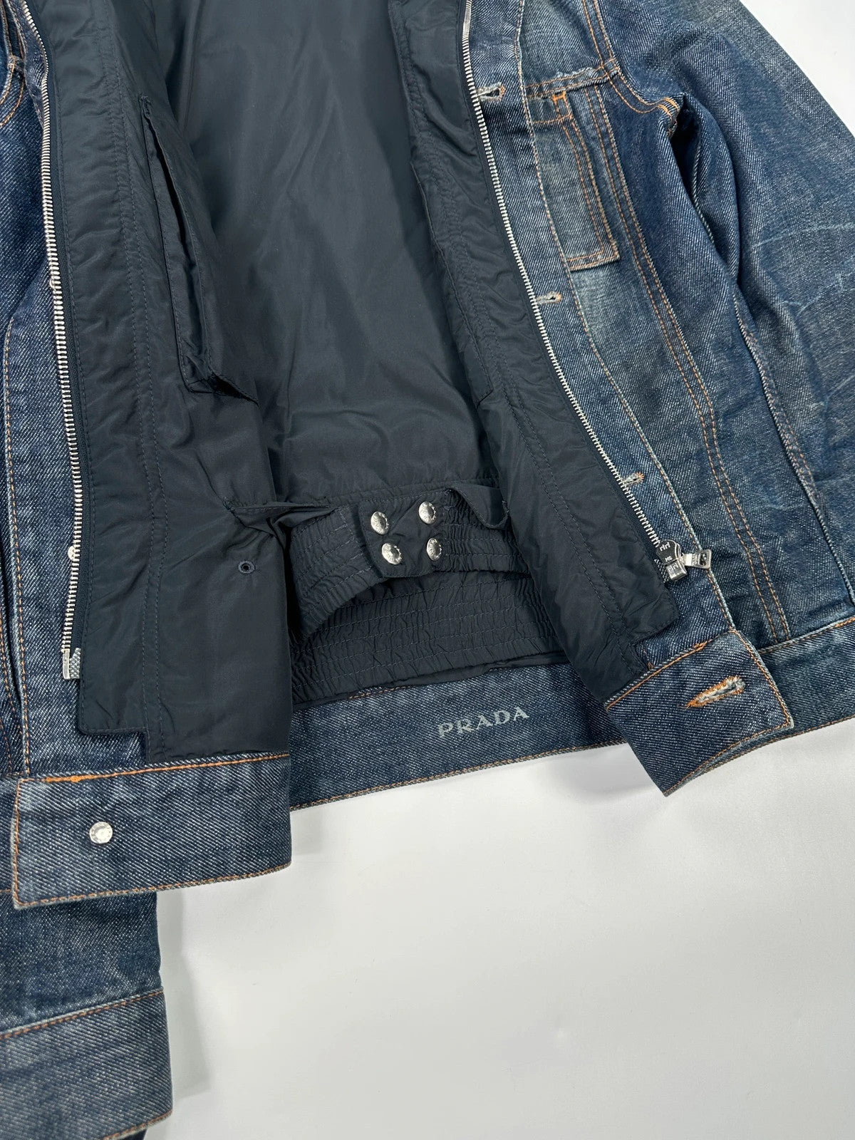 Prada denim jacket indigo blue with double collar and nylon lining, vintage 2005.