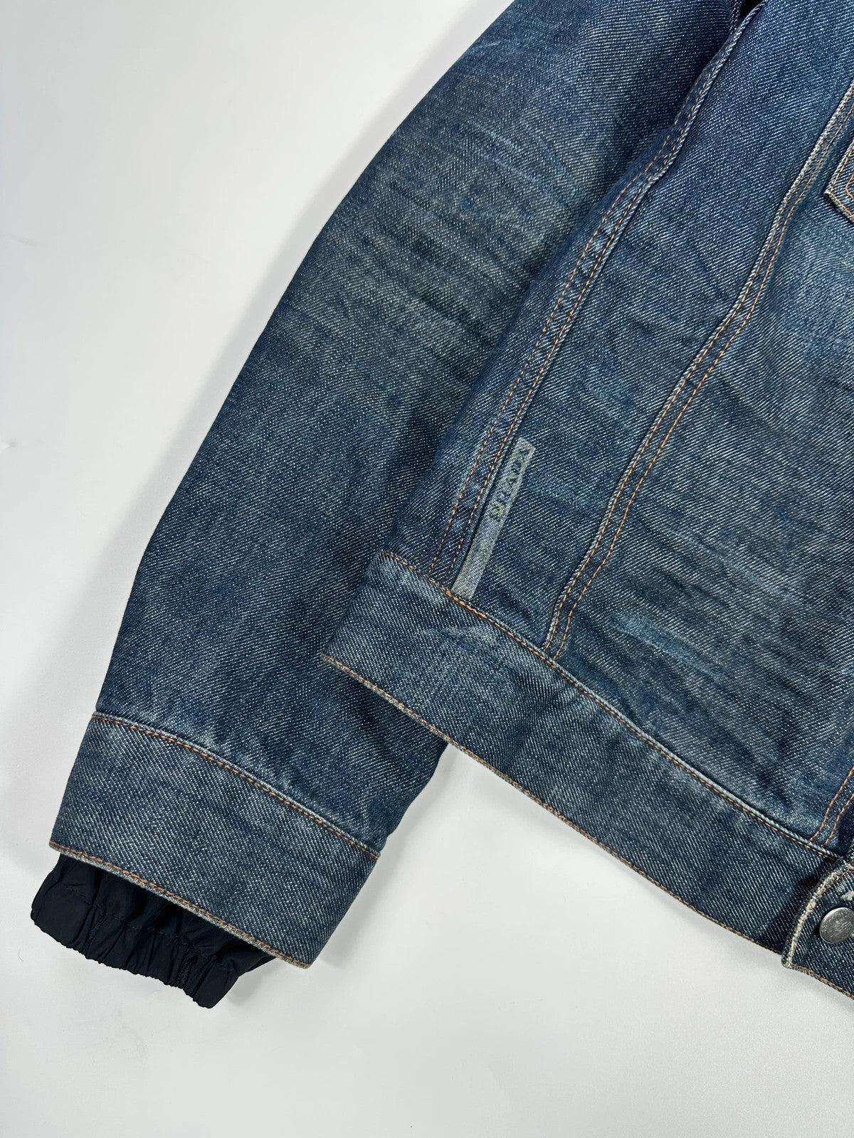 Prada denim jacket indigo blue with double collar and nylon lining, vintage 2005.