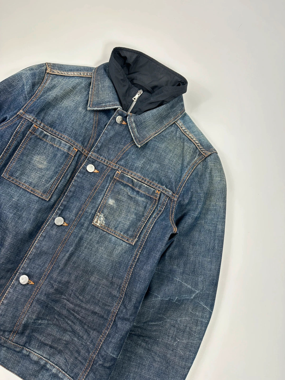 Prada denim jacket indigo blue with double collar and nylon lining, vintage 2005.