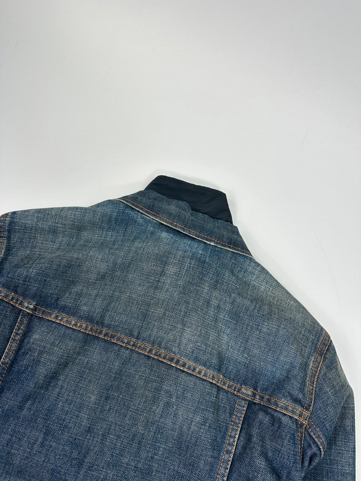 Prada denim jacket indigo blue with double collar and nylon lining, vintage 2005.