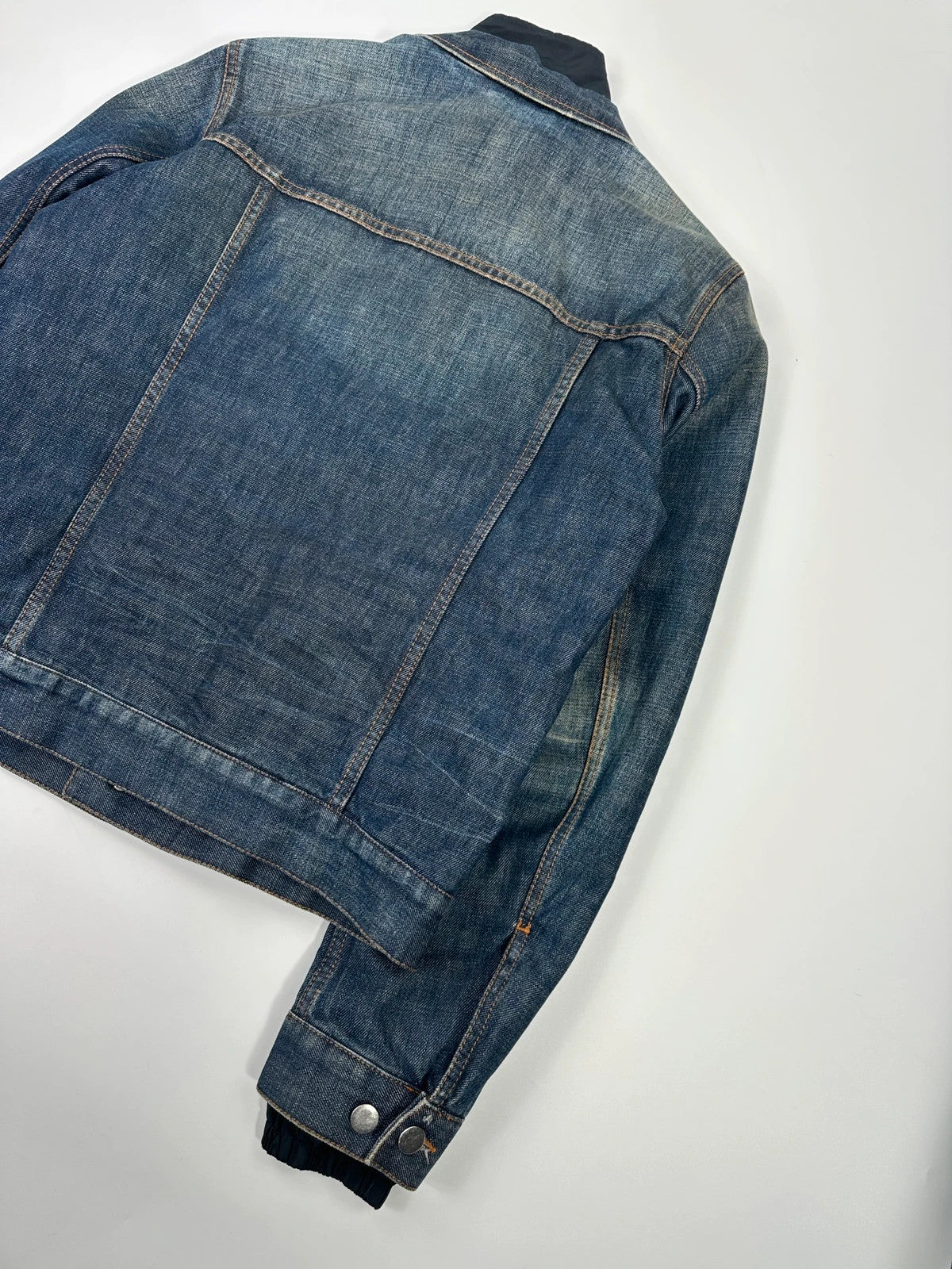 Prada denim jacket indigo blue with double collar and nylon lining, vintage 2005.