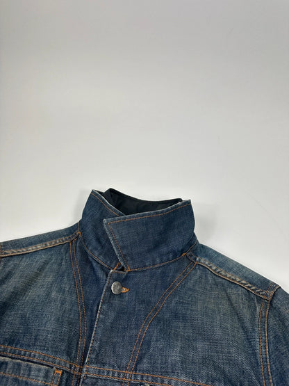 Prada denim jacket indigo blue with double collar and nylon lining, vintage 2005.