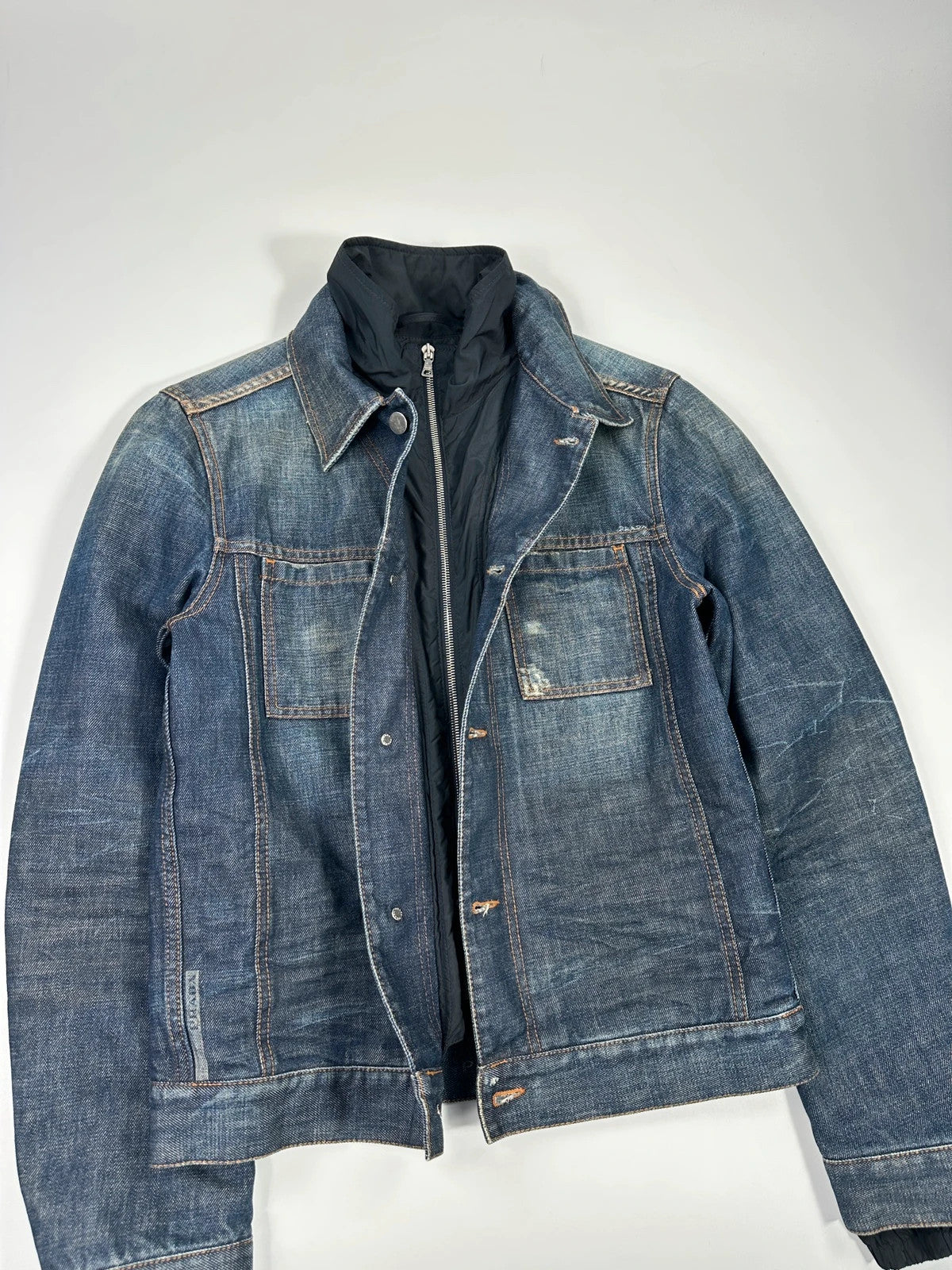 Prada denim jacket indigo blue with double collar and nylon lining, vintage 2005.
